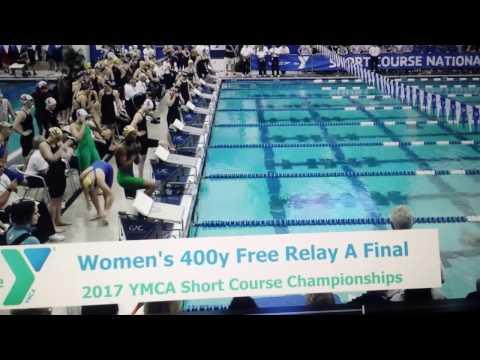 Video of 100 Freestyle (split 52.11- Alivia lead off) | 400 Freestyle Relay- A Final | 2017 YMCA SCY Nationals (Lane 2 bottom of screen) 